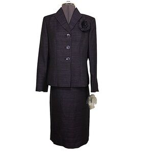Le‎ Suit Polyester Purple Black Metallic 2PC Skirt Suit Stand Up Collar 8P